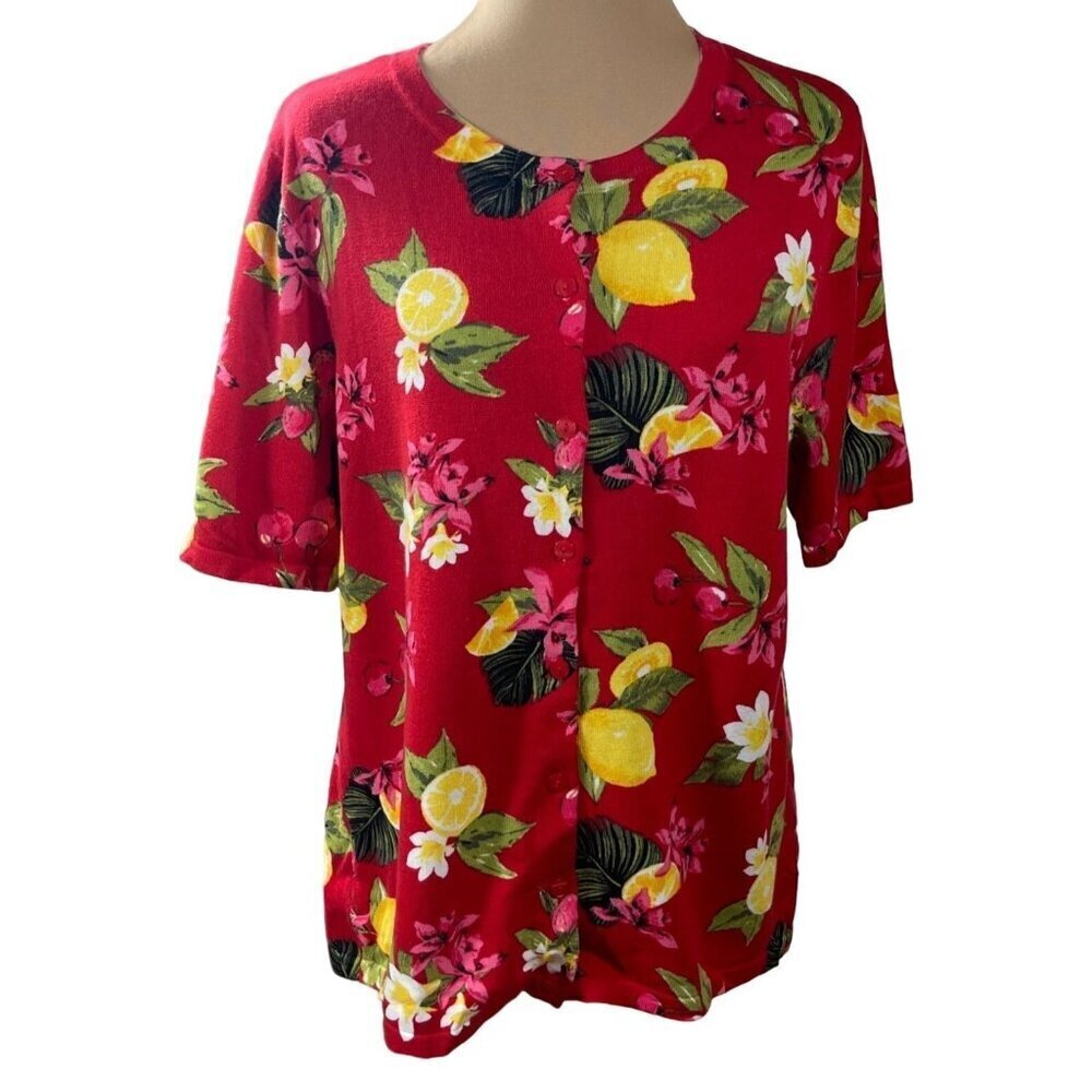 New CJ Banks Cardigan Sweater Lemon Floral Red Yellow Short Sleeve Size 14W